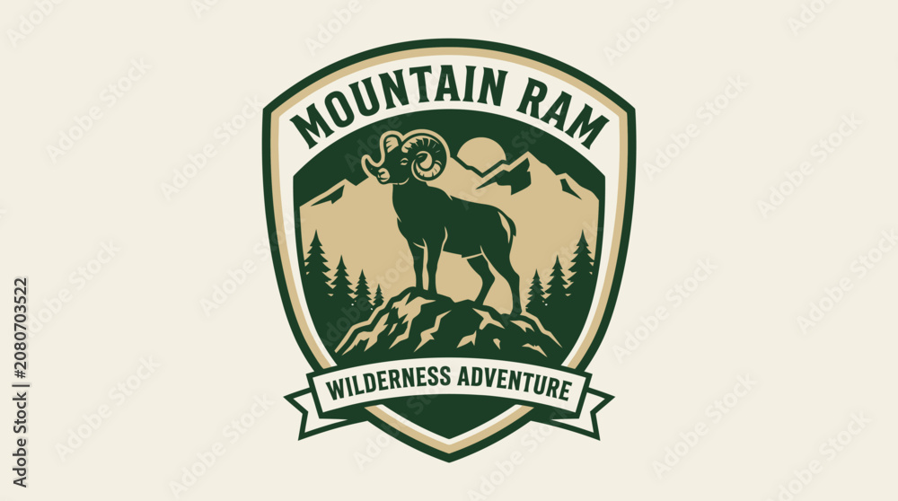 Fototapeta premium Mountain ram logo features an adventurous wilderness scene with a ram standing on a mountain peak.