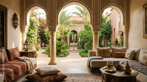 A serene indoor seating area with couches and pillows overlooks a lush courtyard garden through arched doorways.