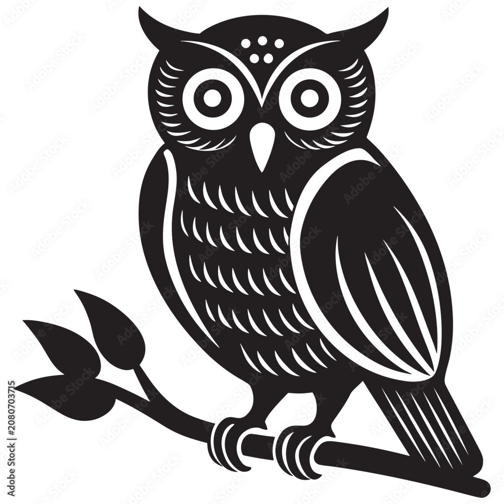 Fototapeta premium Black and white of a stylized owl perched on a branch, featuring bold lines and a minimalist aesthetic on a clean white background, for versatile use