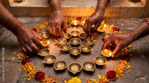 People arrange oil lamps and flowers on the ground for a ceremony