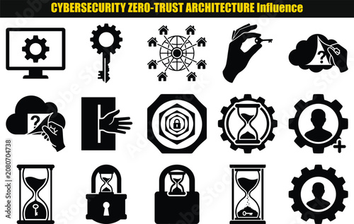 Collection Of Security And Time Related Pictograms Including Gears Keys And Hourglasses In A Dark Style cybersecurity key lock hourglass