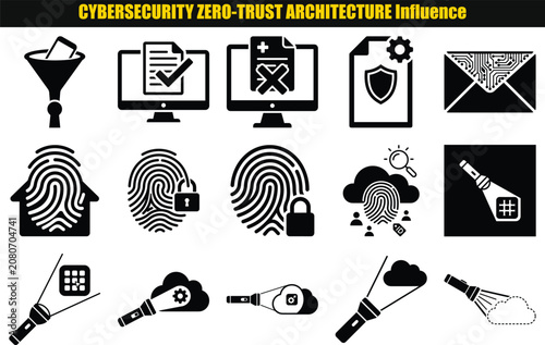 Collection of security related shapes including a funnel fingerprint padlock and shield styled as line art cybersecurity digital protection data