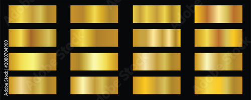 Gradient Gold Elements Set. Elegant golden bright gradient swatches collection.