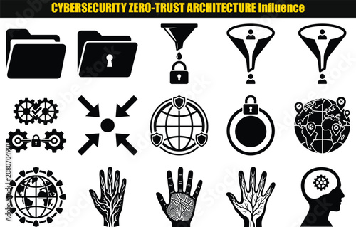 Collection of computer folder funnel globe hand and gear shapes representing cybersecurity concepts zero trust architecture influence file document award