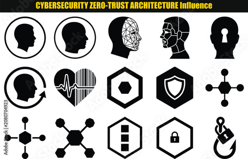 Cybersecurity Zero Trust Architecture Influence Collection Of Dark toned Head Profiles Hearts Shields And Hexagonal Shapes profile human facial headshot