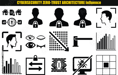 Collection of cybersecurity elements including houses faces eyes and charts with a dark monochrome style zero trust architecture influence digital