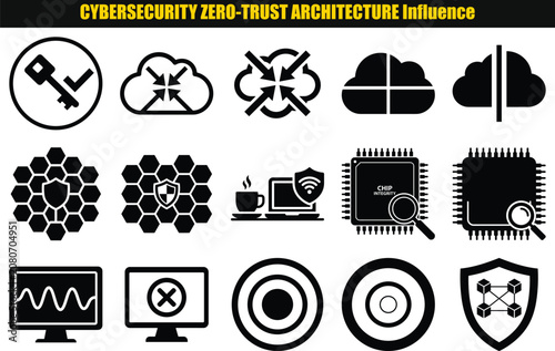 Collection Of Security And Technology Pictograms Featuring Keys Clouds And Circuit Boards key wrench cloud shape board chip coffee cup