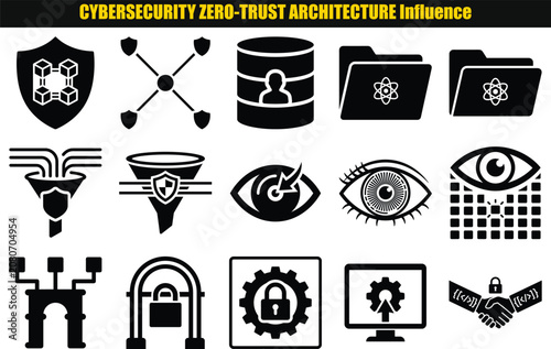 Collection of stylized shield cylinder eye and lock shapes representing security concepts and digital infrastructure shape data protection network cyber