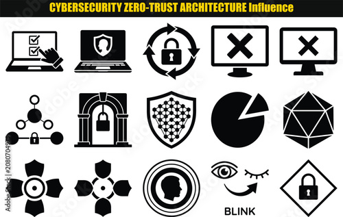Collection of cybersecurity pictograms depicting network security access control and data protection measures firewall authentication encryption digital privacy information computer