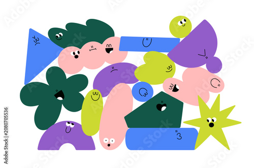 Funny abstract shape characters with different face expressions. Cute geometric figures and blob forms with happy and sad emotions, moods. Flat vector illustration isolated on white background