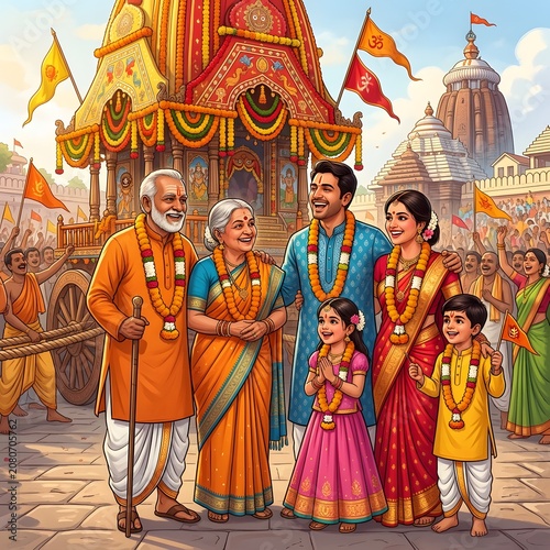 Extended indian family posing in front of massive decorated chariot during ratha yatra day.