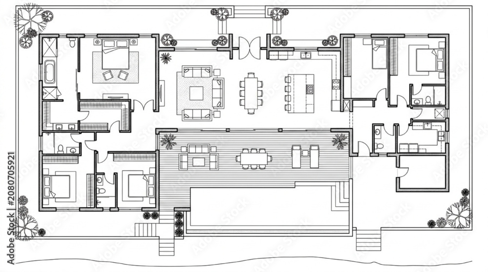 Fototapeta premium Luxury residential villa floor plan CAD with pool terrace bedrooms and landscaped garden 