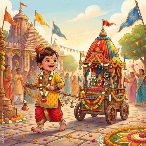 Happy boy pulling small wooden chariot during ratha yatra festival in temple street scene.