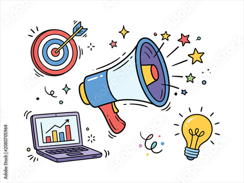 Digital marketing megaphone vector doodle icon set
