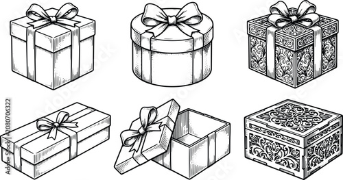 Vintage engraved gift boxes collection with ribbon bows isolated black and white illustration