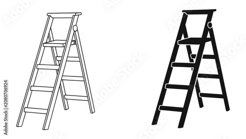 Obraz na płótnie Ladder Icons: Two stylized representations of a folding stepladder, one in line art and the other in silhouette, illustrating the classic design and functionality of this essential tool