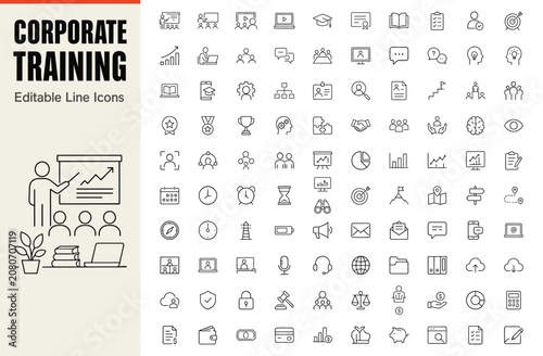 Corporate training set of 100 line icons for business education
