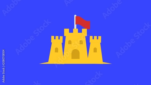 Minimalist Sandcastle Illustration with Red Flag on Blue Background