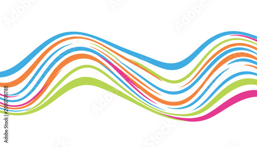 Colorful wavy brush strokes in blue, green, orange, and pink forming abstract horizontal waves on a white background.