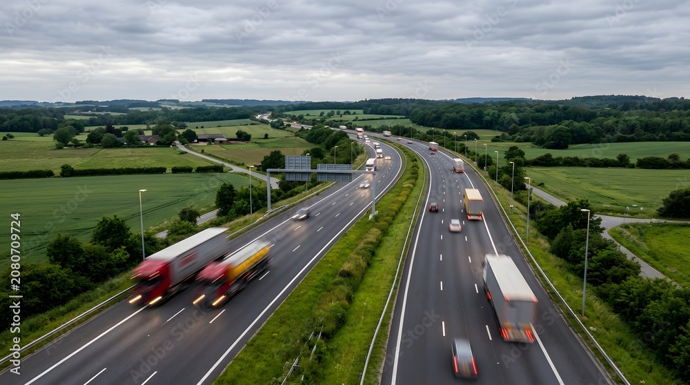 Fototapeta premium Aerial view of a busy highway with trucks and cars on a cloudy day