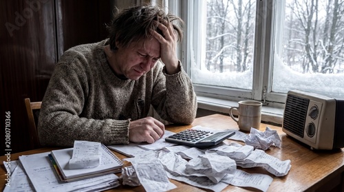 freelance finances, a freelancer anxiously reviews receipts and tax documents at a cozy desk