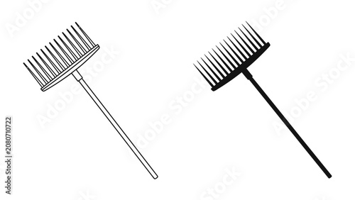 Bild auf Leinwand Garden Rake Icons: A set of two icons, one in outline and one in solid black, depicting a garden rake with a long handle and tines