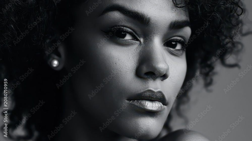 Fototapeta premium Intense Gaze: Monochromatic Portrait of a Woman with Curly Hair, Metallic Lips, and Pearl Earring, Gray Background