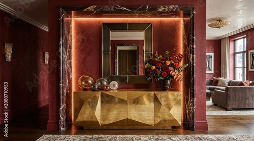 Opulent red interior with gold console and marble.