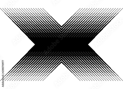 Black striped letter X on a white background. Line pattern. Base for a label, sticker, advertisement, packaging, or cover. Design element with a striped halftone effect; vector background.