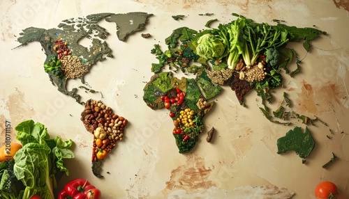 World map made of various fresh vegetables and grains.