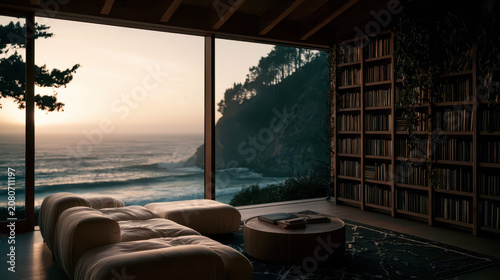 Spacious coastal living room with ocean view at dusk, featuring modular sofa, wooden decor, and vertical garden.