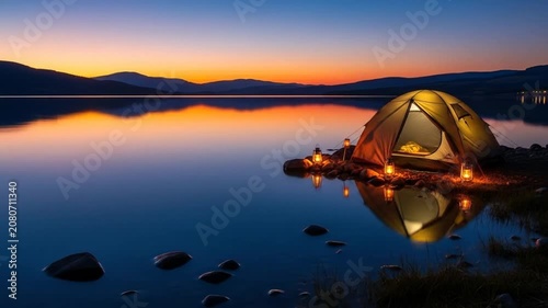 Cozy Tent by Serene Lake at Twilight Illuminated Camping  Reflecting Sky.
