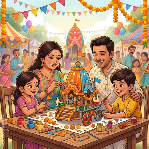 Children and parents craft miniature rath yatra chariot, creative family activity, indoor art project.