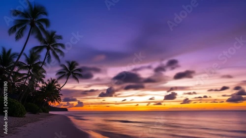 Breathtaking Tropical Sunset Palm Silhouettes on a Vibrant Beach Shore.