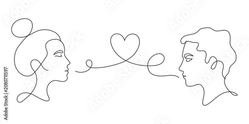 One line couple faces in love with heart. editable stroke vector.