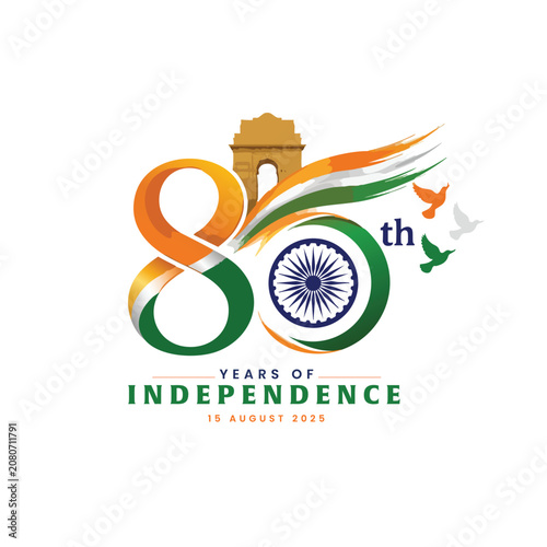 Creative 80th India Independence Day logo featuring tricolor typography, Ashoka Chakra, India Gate, flying doves and brush strokes. Patriotic design isolated on a white background.