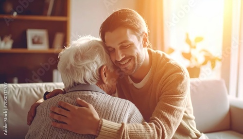 Young man embracing elderly father in sunlit living room.