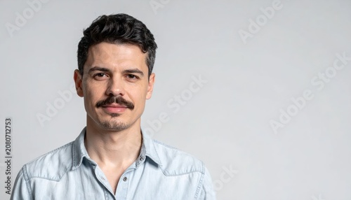 Young man with mustache in light blue shirt.