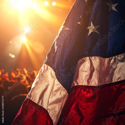 American flag waving in sunlight crowd.