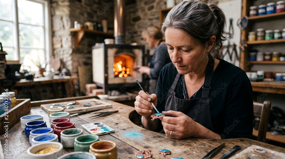 Fototapeta premium Woman painting ceramics in cozy rustic studio with warm natural lighting for craft business