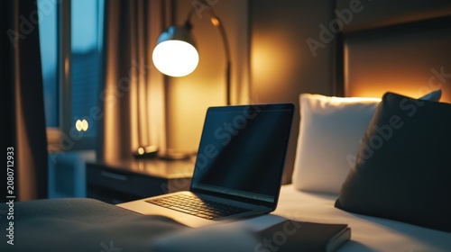 Laptop on bed in dimly lit hotel room with bedside lamp