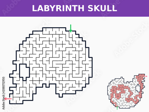 Maze design of a skull and smaller labyrinth on white background  