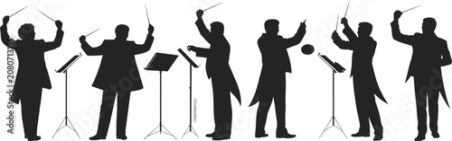 Canvas Print Silhouettes of Conductors Leading an Orchestra with Music Stands illustration