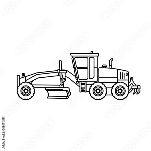 Road grader construction vehicle line art illustration on white background