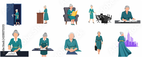 Vector set of an elegant senior business woman in professional poses, including signing documents, public speaking, and working at a desk, isolated on a white background.