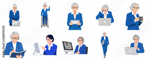 Set of flat vector illustrations of a senior businesswoman in various office poses, working with technology and participating in video calls