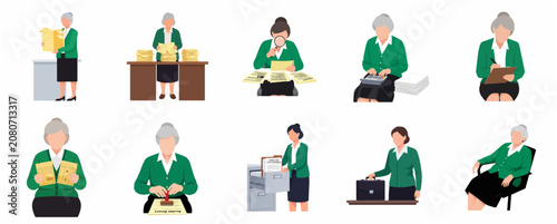 Professional female auditor and accountant character set performing various office tasks, managing financial documents, tax reports, and administrative paperwork in flat vector style