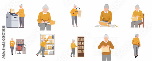 Senior Female Office Worker and Archivist Character Set Managing Documents and Files in Workspace Illustration