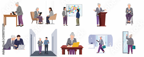 Set of senior business woman character illustrations in various professional office scenarios, leadership, and work activities