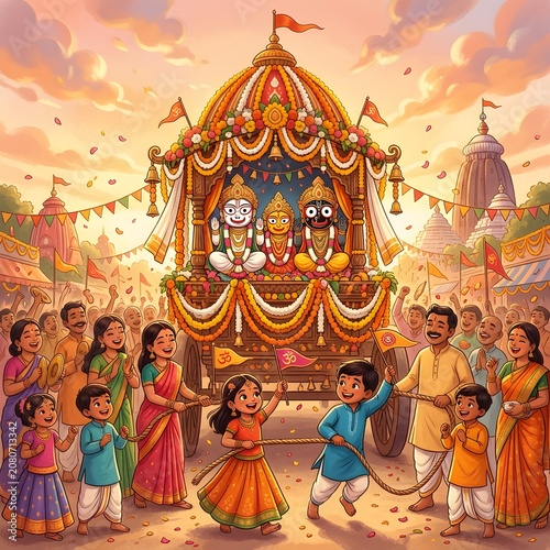 Family joyfully participates in ratha yatra, pulling ornate chariot with deities.